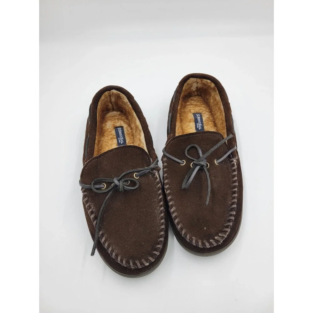 St. Johns Bay Moccasin Slippers Mens 13‎ M Brown Suede Leather Faux Fur Loafers - Picture 2 of 13